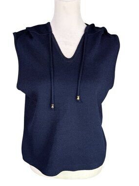 St. John Sport Marie Gray M Hooded Sleeveless Sweater Navy Blue Vintage USA made